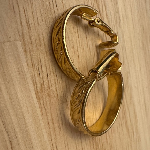 Jewelry - Gold Toned Hoop Clip-On Earrings with Engraved Design